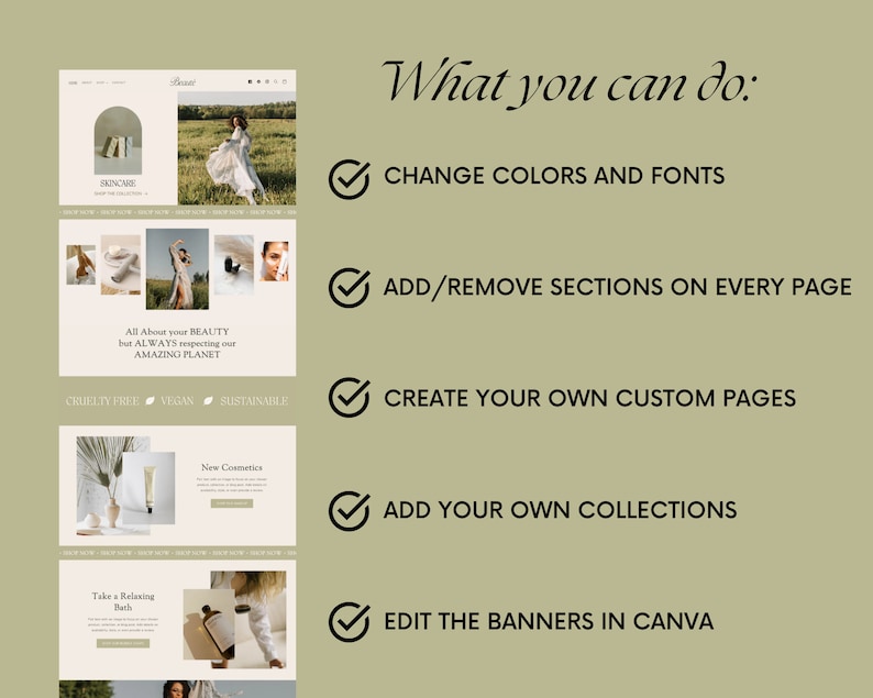 May include: A website mockup for a beauty brand with a focus on natural and sustainable products. The website features images of skincare products, bath products, and other beauty items. The text on the website includes the brand name, product descriptions, and information about the brand's commitment to sustainability.