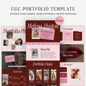 May include: A digital UGC portfolio template featuring a dark red and light pink colour scheme. The layout includes sections for a bio, portfolio videos, client packages, and services, with text reading Melissa Huston and UGC Portfolio.