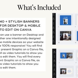 May include: A screenshot of a computer screen showing a Canva design template with the text "40+ STYLISH BANNERS FOR DESKTOP & MOBILE TO EDIT ON CANVA". The text is in a white box with a green checkmark. Below the text is a description of the product. The screen also shows a grid of 12 different banner designs.