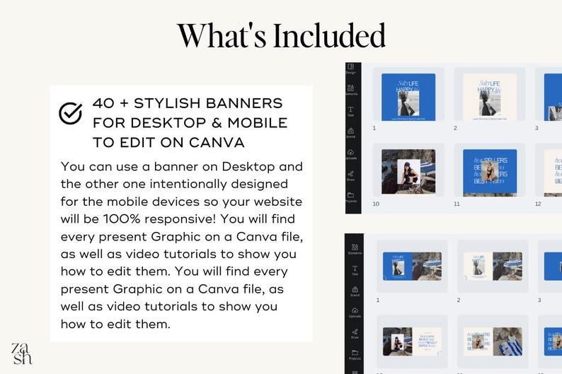 May include: A screenshot of a computer screen showing a Canva design template with the text "40+ STYLISH BANNERS FOR DESKTOP & MOBILE TO EDIT ON CANVA". The text is in a white box with a green checkmark. Below the text is a description of the product. The screen also shows a grid of 12 different banner designs.