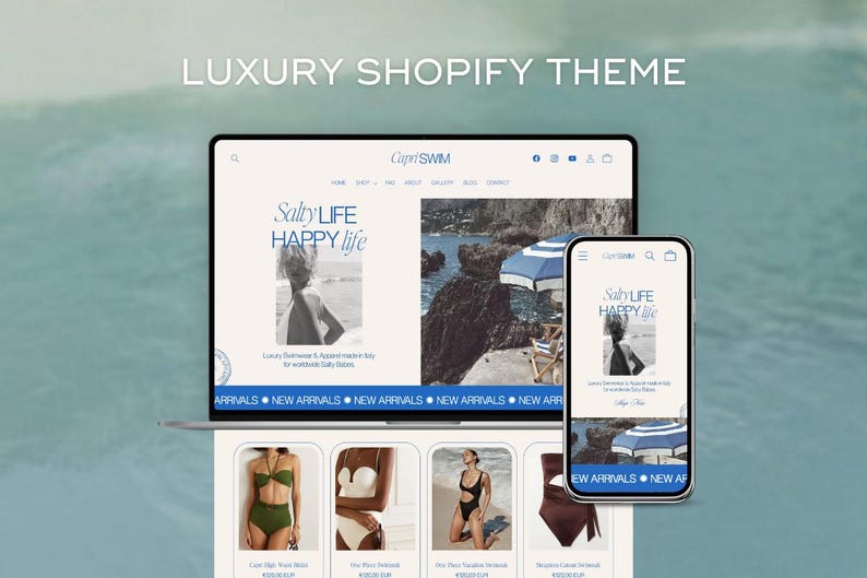 May include: A website screenshot showing a luxury swimwear brand called Capri Swim. The website features a blue and white color scheme with a beach background. The text "Salty LIFE Happy life" is displayed on the website. The website also features a variety of swimwear products, including a black and white swimsuit, a green and white swimsuit, and a brown and white swimsuit.