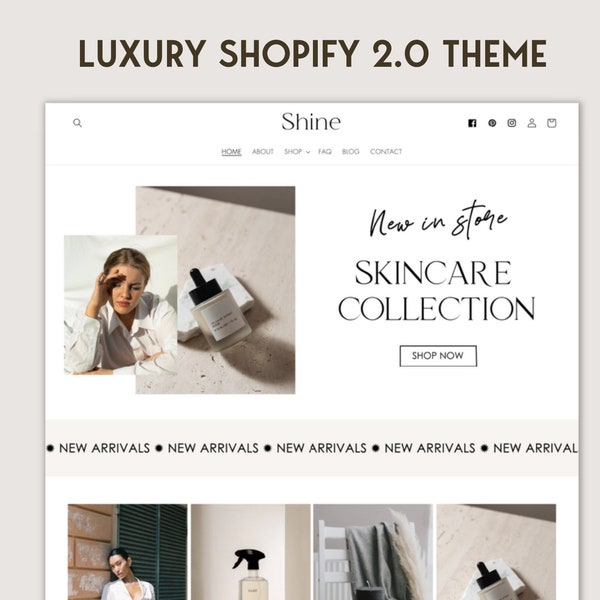 Modèle de thème Shopify de luxe - modèle de site Web minimaliste élégant, site Web Shopify blanc esthétique, thème boutique Shopify 2.0 minimaliste