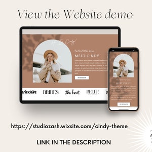 May include: A website design template for a wedding photographer or planner. The website features a light brown color scheme with a photo of a woman in a hat and coat. The website includes the text "Behind the lens, Meet Cindy" and links to various wedding-related websites such as "The Knot" and "Brides".