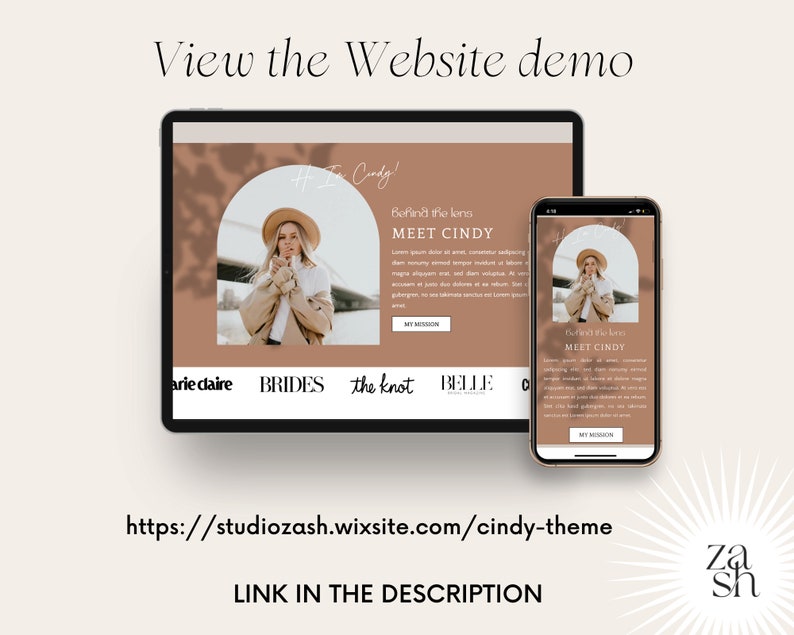 May include: A website design template for a wedding photographer or planner. The website features a light brown color scheme with a photo of a woman in a hat and coat. The website includes the text "Behind the lens, Meet Cindy" and links to various wedding-related websites such as "The Knot" and "Brides".