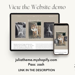 May include: A website screenshot showing a website demo for a business called "JULIA". The website features a collage of photos of a woman, the text "Meet the Founder", and the text "Materials and soul. Design and execution. Aesthetics and Convenience. You can have it all. Use this space to either talk a little about your personal brand. What do you...", and the text "juliatheme.myshopify.com".