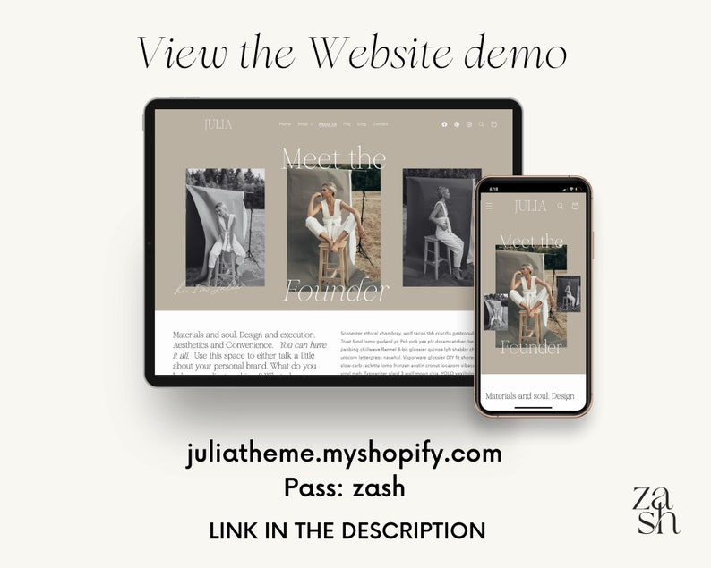May include: A website screenshot showing a website demo for a business called "JULIA". The website features a collage of photos of a woman, the text "Meet the Founder", and the text "Materials and soul. Design and execution. Aesthetics and Convenience. You can have it all. Use this space to either talk a little about your personal brand. What do you...", and the text "juliatheme.myshopify.com".