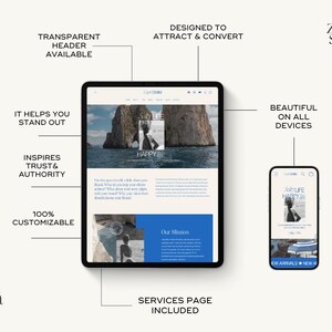 May include: A website design template with a blue and white color scheme. The website features a large image of a rocky island with a blue sky and ocean. The text "Simple Life Happy" is displayed on the website. The website is designed to attract and convert visitors. The website is also responsive and looks great on all devices.