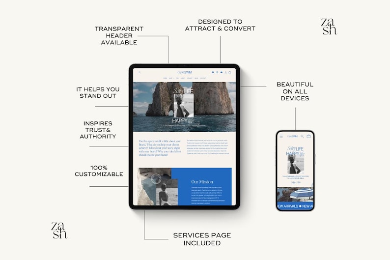 May include: A website design template with a blue and white color scheme. The website features a large image of a rocky island with a blue sky and ocean. The text "Simple Life Happy" is displayed on the website. The website is designed to attract and convert visitors. The website is also responsive and looks great on all devices.