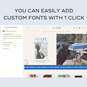 May include: A screenshot of a website showing how to add custom fonts to a website with one click. The website is called "Cupri SWIM" and features a photo of a beach scene with a blue and white striped umbrella and a chair. The website also has a section for "New Arrivals".