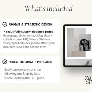 May include: A mockup of a website design for an online shop. The website features a minimalist aesthetic with a focus on high-quality product photography. The website includes pages for the homepage, about, contact, blog, shop, collection, FAQ, privacy, and returns policy. The website also includes a video tutorial and PDF guide to help users customize their shop.