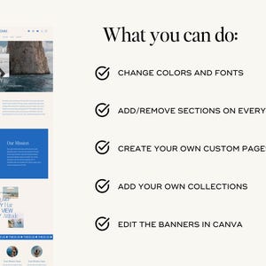 May include: A screenshot of a website showing the features of a website builder. The text on the screen reads "What you can do:" and lists five features: "Change colors and fonts", "Add/remove sections on every page", "Create your own custom pages", "Add your own collections", and "Edit the banners in Canva".