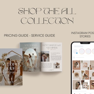 May include: A digital marketing kit for wedding photographers. The kit includes a pricing guide, service guide, and Instagram posts and stories. The Instagram posts and stories are in a neutral color palette with a modern aesthetic.