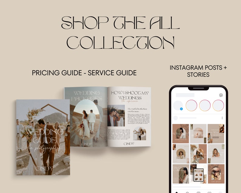 May include: A digital marketing kit for wedding photographers. The kit includes a pricing guide, service guide, and Instagram posts and stories. The Instagram posts and stories are in a neutral color palette with a modern aesthetic.