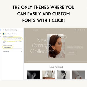 May include: A screenshot of a website showing a section of the website's backend where a user can add a custom font link to their website. The text "Add Custom Font Link" is highlighted in yellow. The text "https://cdn.shopify.com/s/files/1/0001" is also highlighted in yellow. The text "Custom Font Name" is highlighted in yellow. The text "Dream Avenue" is typed into the text field below "Custom Font Name".