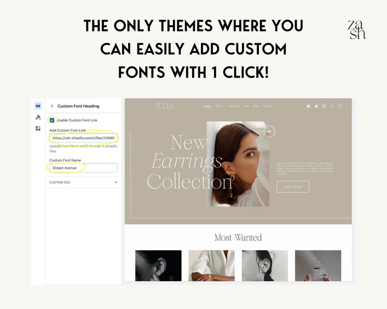 May include: A screenshot of a website showing a section of the website's backend where a user can add a custom font link to their website. The text "Add Custom Font Link" is highlighted in yellow. The text "https://cdn.shopify.com/s/files/1/0001" is also highlighted in yellow. The text "Custom Font Name" is highlighted in yellow. The text "Dream Avenue" is typed into the text field below "Custom Font Name".