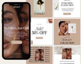 Jenny Aesthetic Skincare Instagram Post + Email Templates Bundle - Engagement Booster, Editable Canva Templates, Social Media Templates