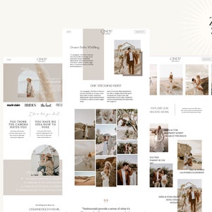 May include: Website homepage for a wedding photographer named Cindy. The website features a collage of photos from different wedding shoots, including a couple walking on a beach, a couple standing in a field, and a couple standing in front of a tree. The website also includes text that says "Dream Beach Wedding" and "Explore Our Wedding Work".