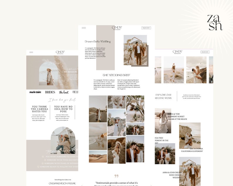 May include: Website homepage for a wedding photographer named Cindy. The website features a collage of photos from different wedding shoots, including a couple walking on a beach, a couple standing in a field, and a couple standing in front of a tree. The website also includes text that says "Dream Beach Wedding" and "Explore Our Wedding Work".