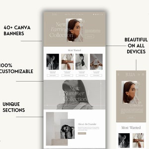 May include: A website mockup for an online jewelry store featuring a variety of earrings. The website has a light brown background with a white grid overlay. The website features a banner with the text "New Earrings Collection" and a section titled "Most Wanted". The website also features a section titled "New Summer Collection" and a section titled "About the Founder".