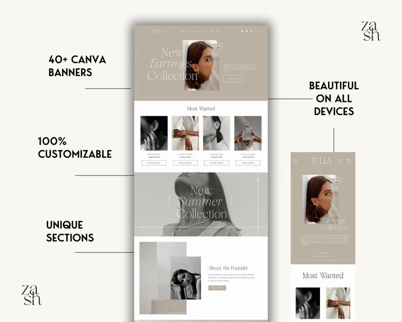May include: A website mockup for an online jewelry store featuring a variety of earrings. The website has a light brown background with a white grid overlay. The website features a banner with the text "New Earrings Collection" and a section titled "Most Wanted". The website also features a section titled "New Summer Collection" and a section titled "About the Founder".