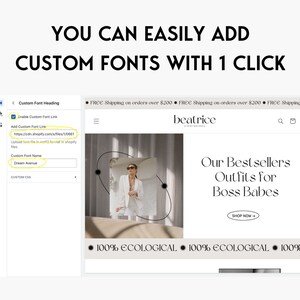 May include: A screenshot of a website showing a section for adding custom fonts. The section includes a text box for entering a custom font name and a link to add a custom font. The text "Dream Avenue" is entered in the custom font name text box. The text "https://cdn.shopify.com/s/files/1/0001" is entered in the custom font link text box.
