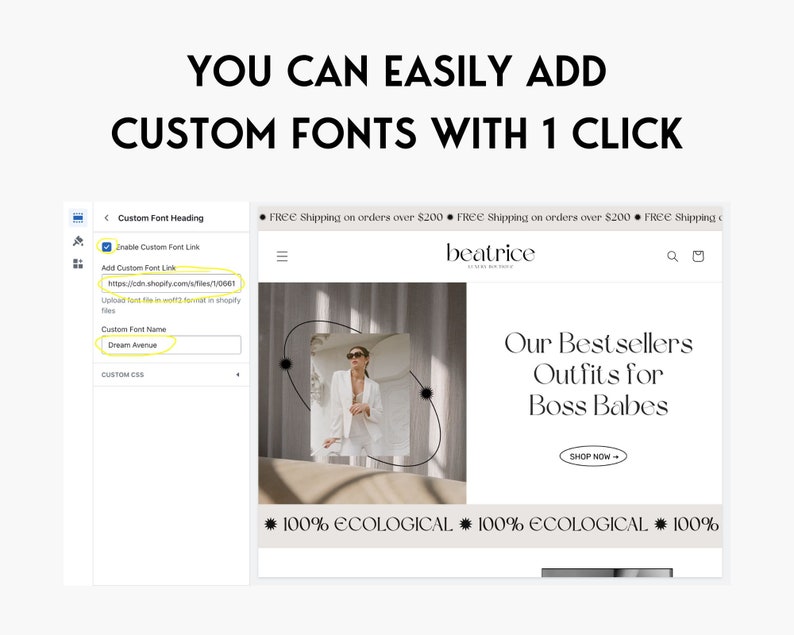 May include: A screenshot of a website showing a section for adding custom fonts. The section includes a text box for entering a custom font name and a link to add a custom font. The text "Dream Avenue" is entered in the custom font name text box. The text "https://cdn.shopify.com/s/files/1/0001" is entered in the custom font link text box.