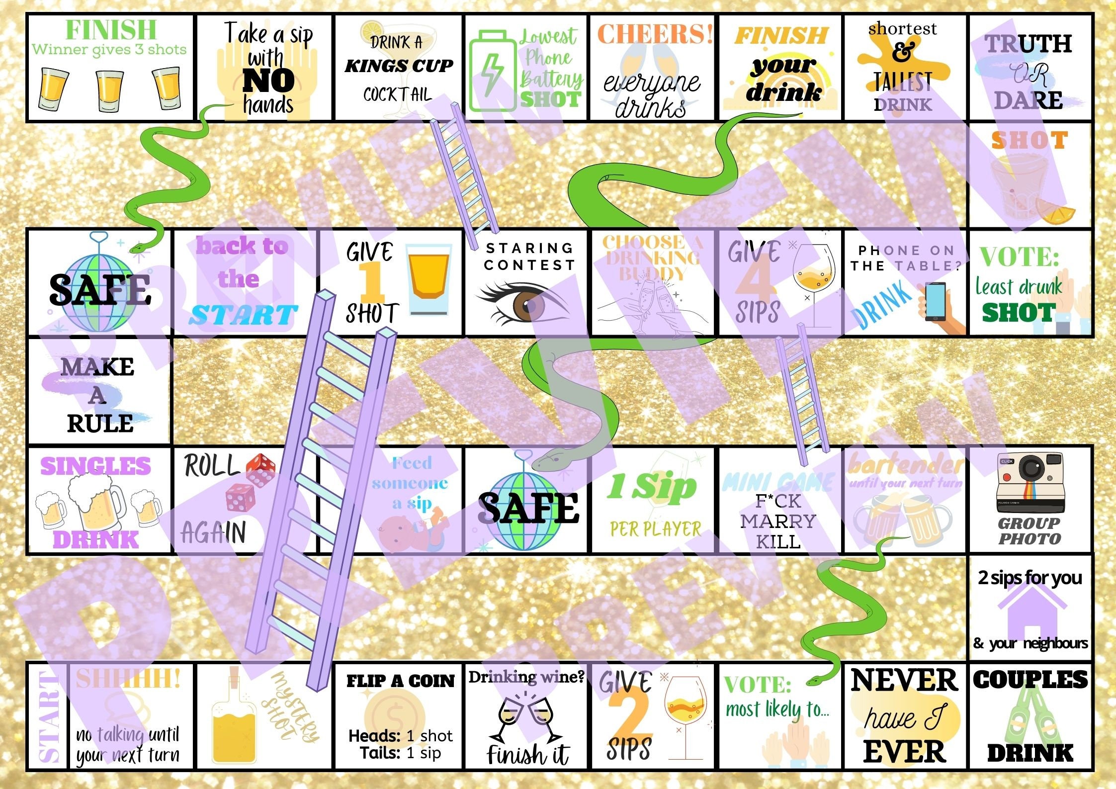18 Snakes and Ladders Drinking Party Board Game Digital Download Etsy