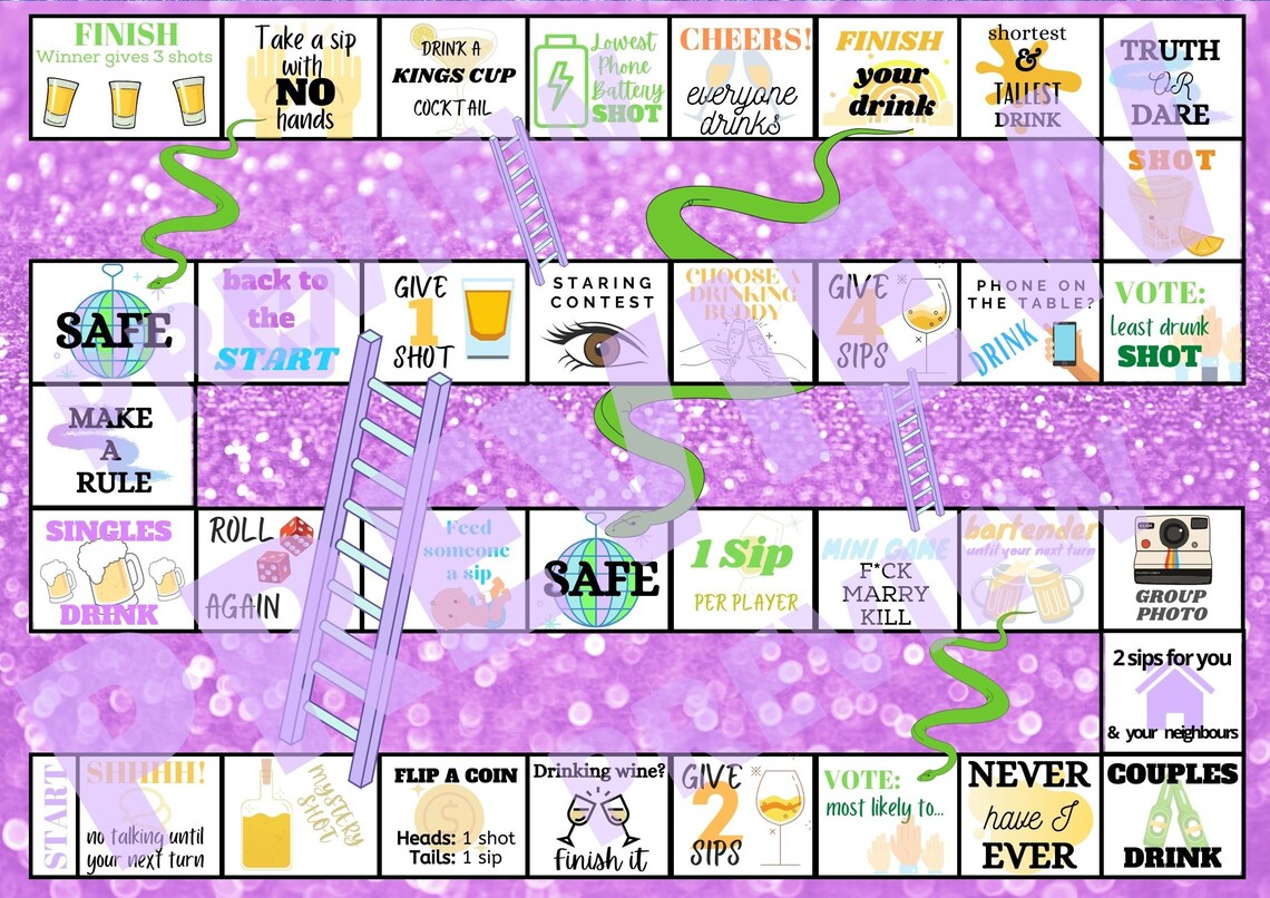 18 Snakes and Ladders Drinking Party Board Game Digital Download Etsy