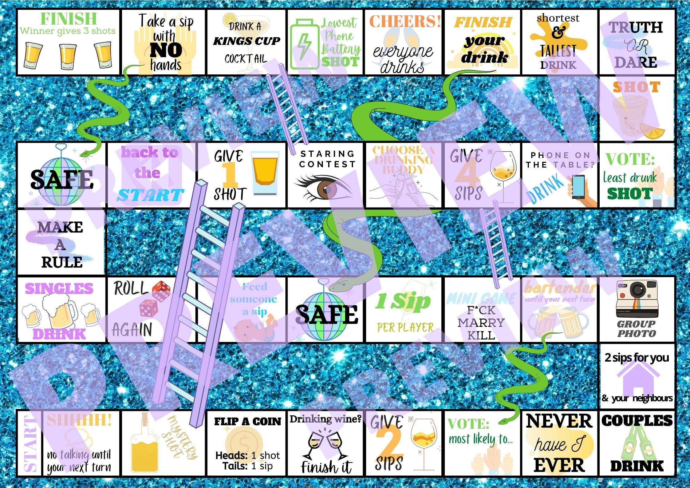18 Snakes and Ladders Drinking Party Board Game Digital Download Etsy