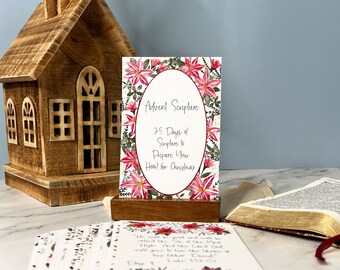 25 Advent Scripture Cards | Floral Bible Verse Set on Linen | Wooden Display Stand | Christmas Countdown | Faith-Based Encouragement
