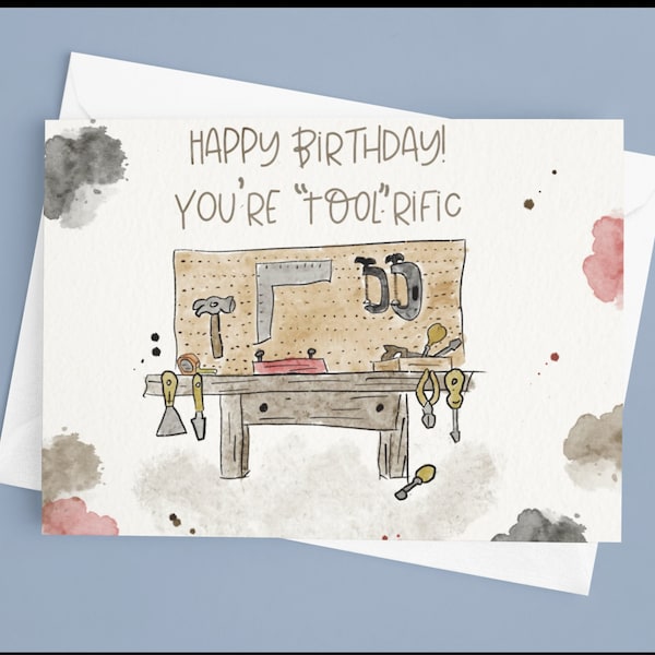 Handyman Birthday Card, Carpenter Birthday Card, Birthday Card for Him, Mr. Fixit Card, Woodshop Birthday Notecard, Workbench Tools Card