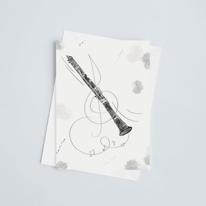 May include: A black and white illustration of a clarinet with musical notes on a white background with gray watercolor splotches.