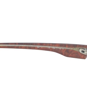 May include: Close-up of the arm of a pair of eyeglasses. The frame is a tortoiseshell pattern with brown and amber tones. The arm has the markings "GP 19 54 14". The hinge is silver.