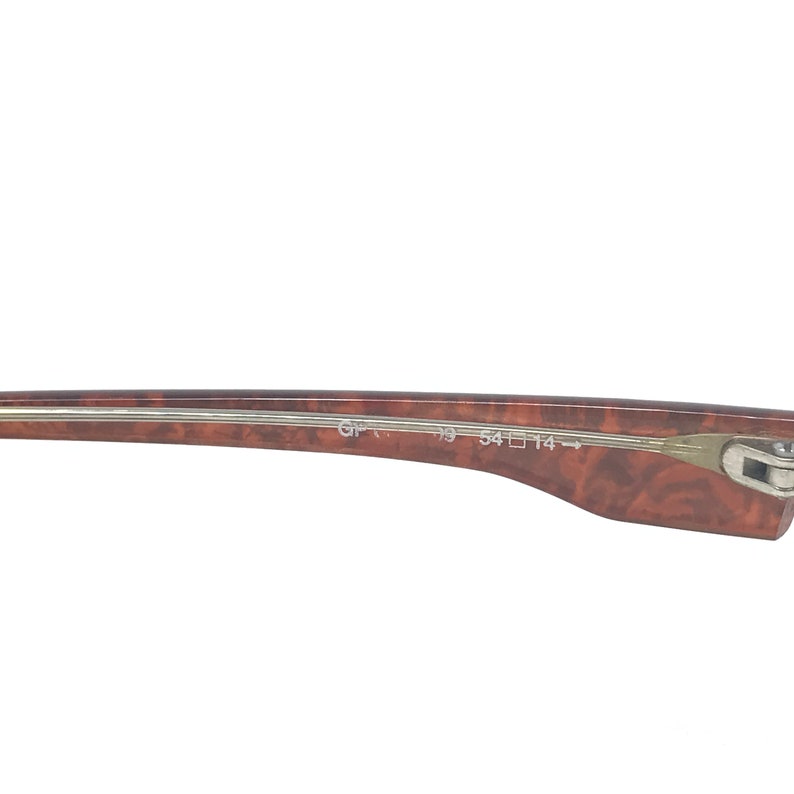 May include: Close-up of the arm of a pair of eyeglasses. The frame is a tortoiseshell pattern with brown and amber tones. The arm has the markings "GP 19 54 14". The hinge is silver.