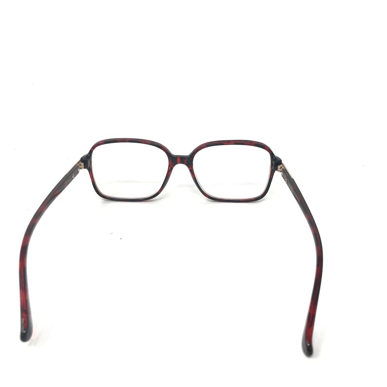 May include: Eyeglasses with a tortoiseshell pattern frame. The rectangular lenses are clear, and the temples are dark brown with red accents. The glasses are set against a white background.