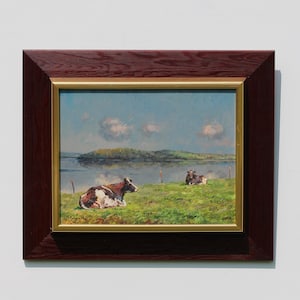 Vintage Cows Oil Painting by Michael Stephanon Framed Wooden Frame Pastoral Scene