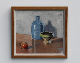 Vintage schilderij "Blauwe fles" van Ville Sjôholm (1896-1961)