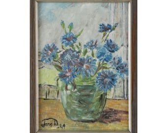 Vintage klein bloemstilleven met blauwe bloemen door Lars Bengtsson Vintage olieverfschilderij originele kunst antiek