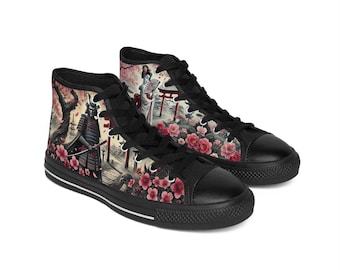 Samurai & Geisha Floral High-Top Sneakers: Japanese Canvas Shoes