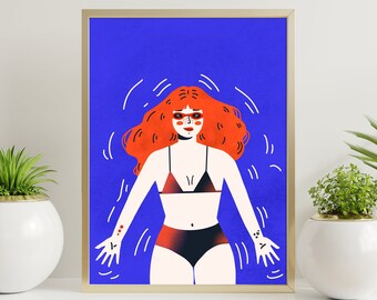 May include: A digital illustration of a woman with red hair wearing sunglasses and a black and red bikini. The background is a bright blue color with white lines.