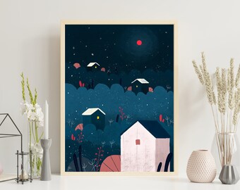 Huizen in de nacht - Hoge kwaliteit kunstdruk - Schone kunsten - illustratieafdruk