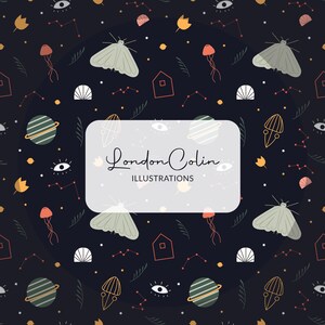Mystical Seamless Pattern | Esoteric Digital Paper with Moths, Stars & Plants | Witchy PNG Background