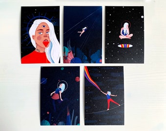 Set of 5 postcards - Mini Prints - Fantasy girls - Envelopes included