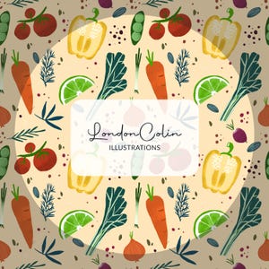 May include: A repeating pattern of illustrated vegetables, including tomatoes, carrots, bell peppers, and onions, on a tan background. The design also features sprigs of herbs and lime slices. The text "London Colin ILLUSTRATIONS" is in a white rectangle.