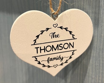 Personalised Family Name Hanging Wooden Heart Decoration Gift Present