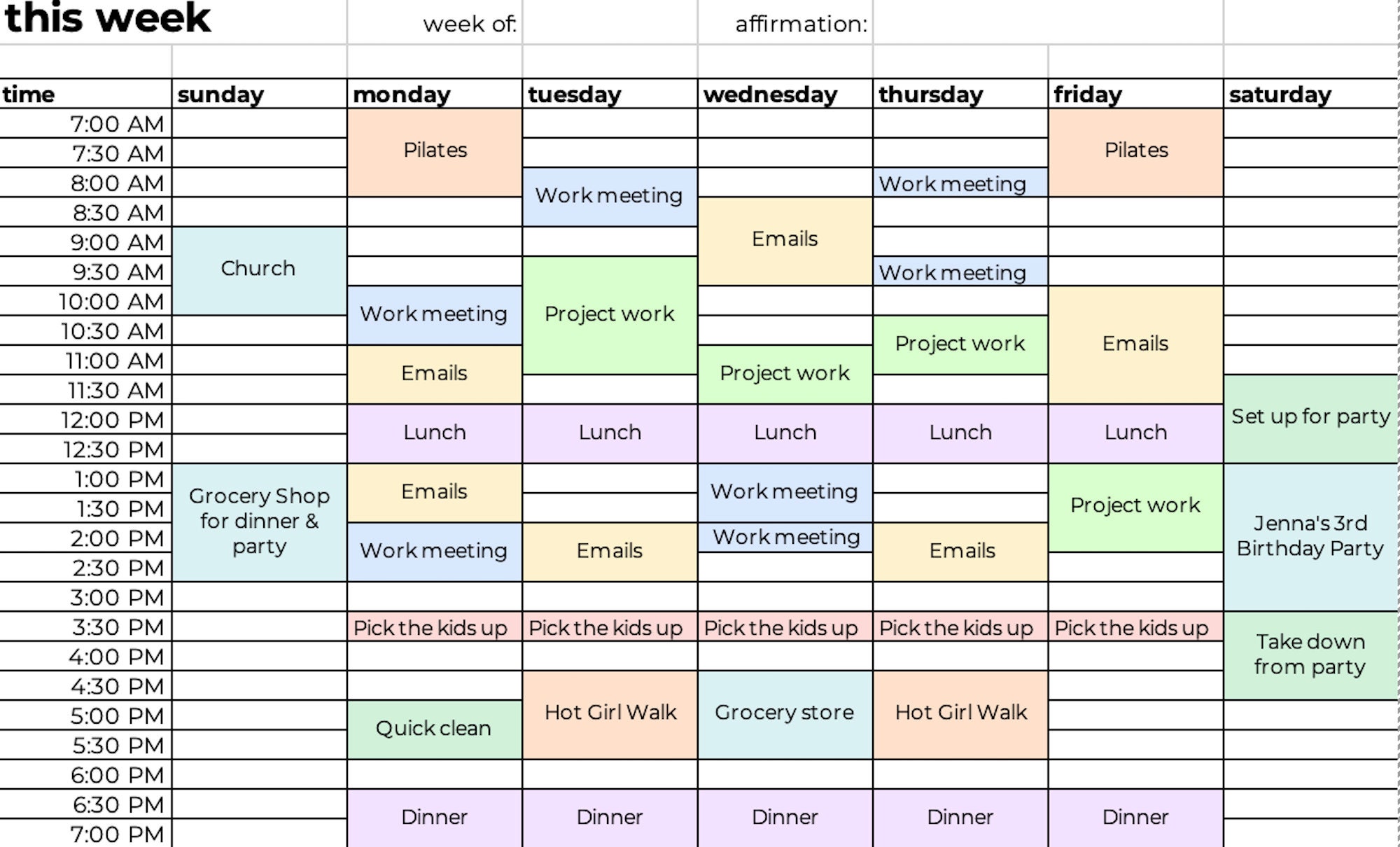 Simple Weekly Schedule, Time Blocking Printable - Instant Download