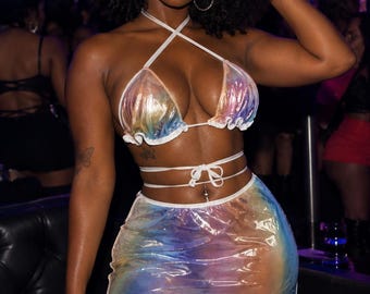 Two Piece shiny Rainbow Bikini and Skirt Set