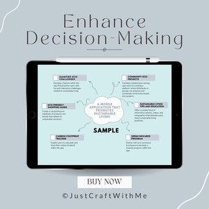 May include: A digital illustration on a tablet screen showing a mobile app concept for promoting sustainable living. The app features include gamified eco-challenges, an eco-friendly shopping guide, a carbon footprint tracker, community eco-projects, and sustainable living tips and education. The text "Enhance Decision-Making" is at the top of the screen, and the text "Sample" is in the center of the screen. The text "Buy Now" is at the bottom of the screen, and the text "JustCraftWithMe" is at the bottom of the screen.