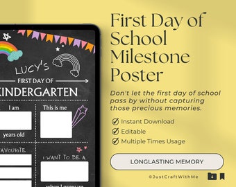 First Day of School Milestone Poster, First Day of School Poster, School Milestone Poster, Editable School Poster, Preschool, Kindergarten.