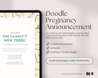 Editable & Printable Doodle Pregnancy Announcement, Editable Pregnancy Announcement, Printable Pregnancy Reveal, DIY Pregnancy Announcement
